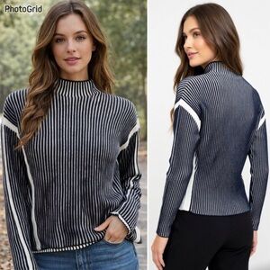 Anthropologie Ribbed Striped Mock Neck Sweater Navy Blue White XS Knit Soft